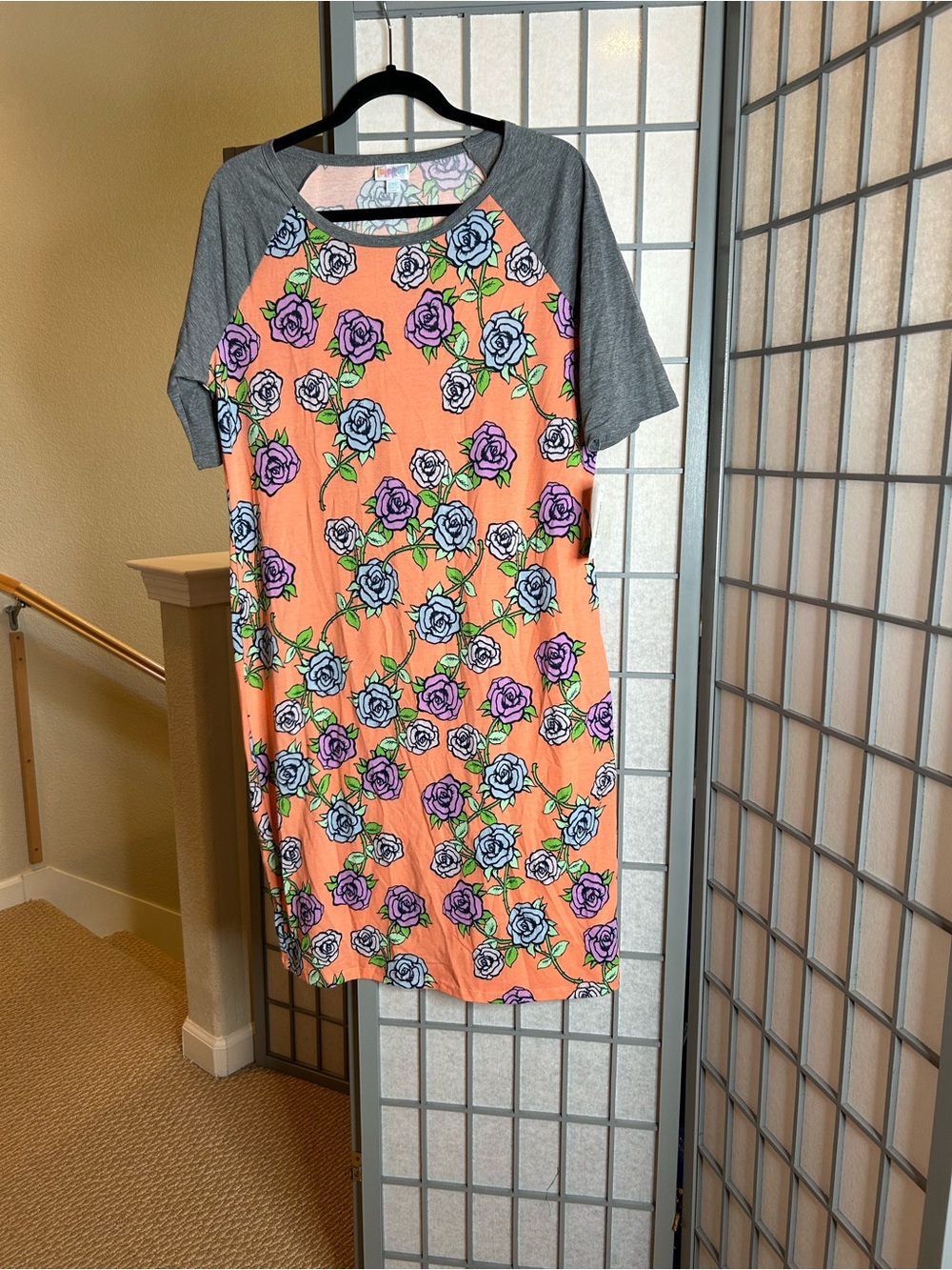 NWT LuLaRoe Peach Floral Julia Dress with Gray Raglan Sleeves